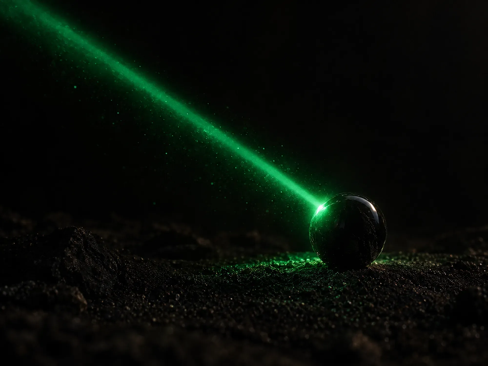Haz de luz verde que impacta sobre una esfera de obsidiana